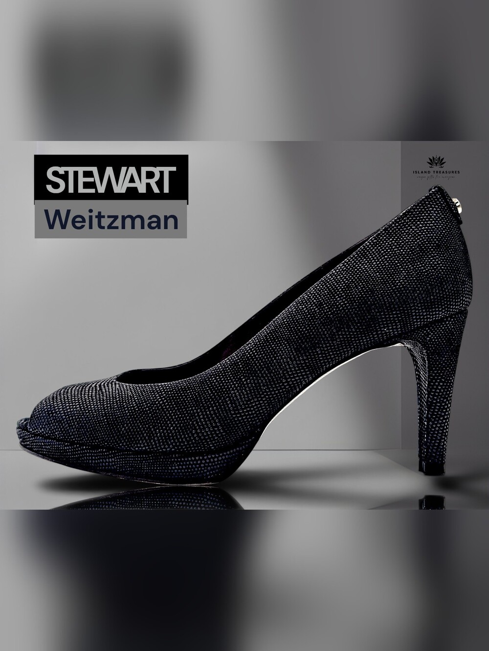 Stuart Weitzman Sz 8 Classic Sculpted Blk Leather Metallic Accent Peep Toe Heels